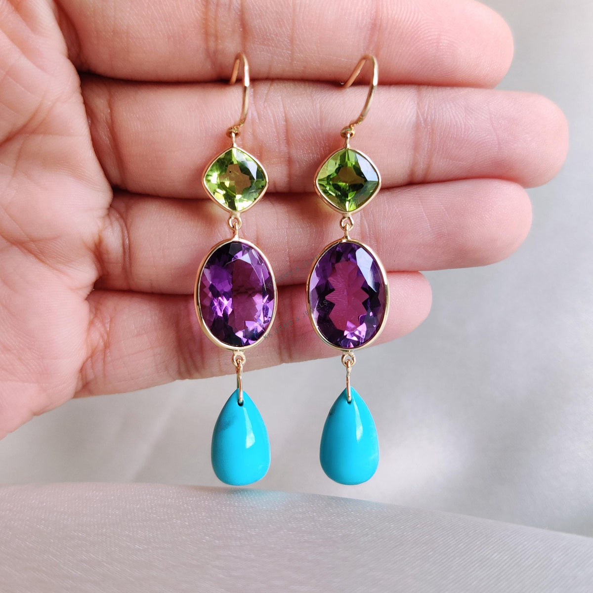 14K Solid Gold Natural Purple Amethyst & Peridot and Turquoise Dangle Earrings