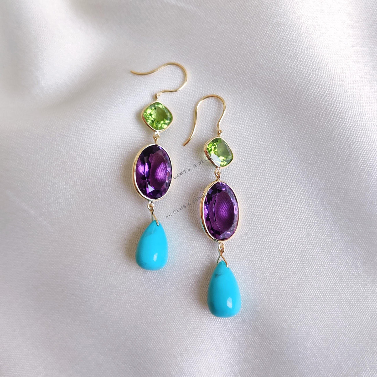 14K Solid Gold Natural Purple Amethyst & Peridot and Turquoise Dangle Earrings