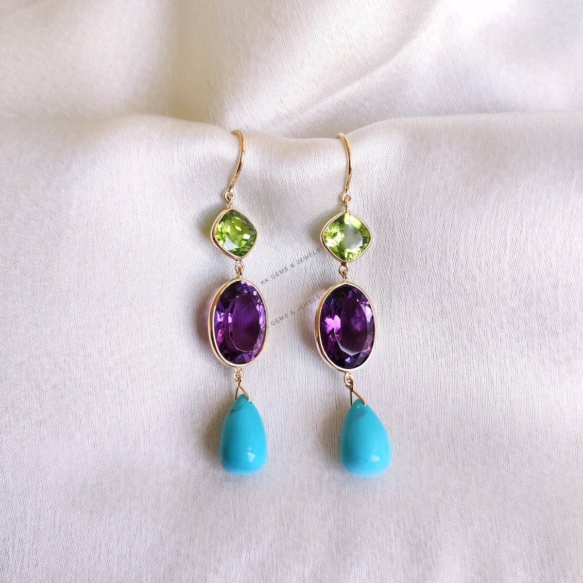 14K Solid Gold Natural Purple Amethyst & Peridot and Turquoise Dangle Earrings