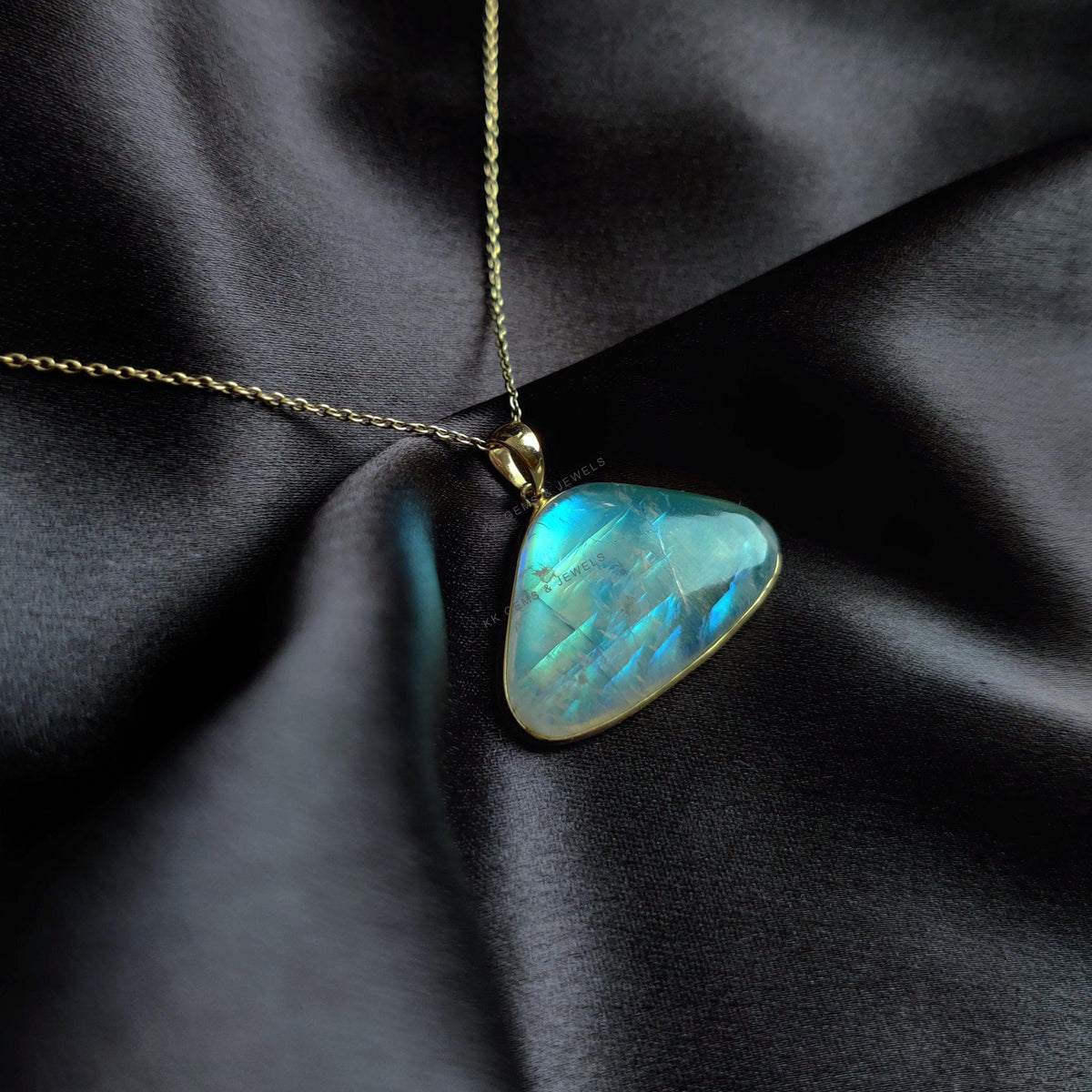 14K Solid Yellow Gold Natural Rainbow Moonstone Pendant - June Birthstone