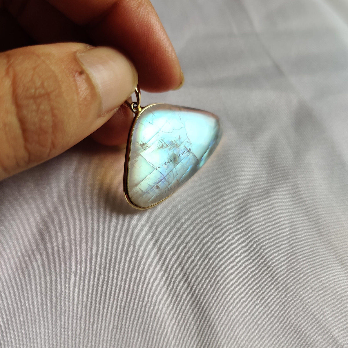 14K Solid Yellow Gold Natural Rainbow Moonstone Pendant - June Birthstone