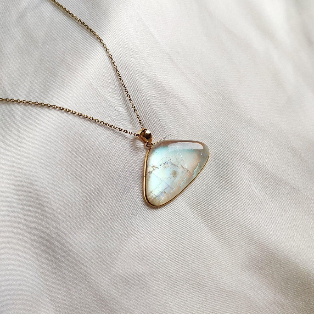 14K Solid Yellow Gold Natural Rainbow Moonstone Pendant - June Birthstone