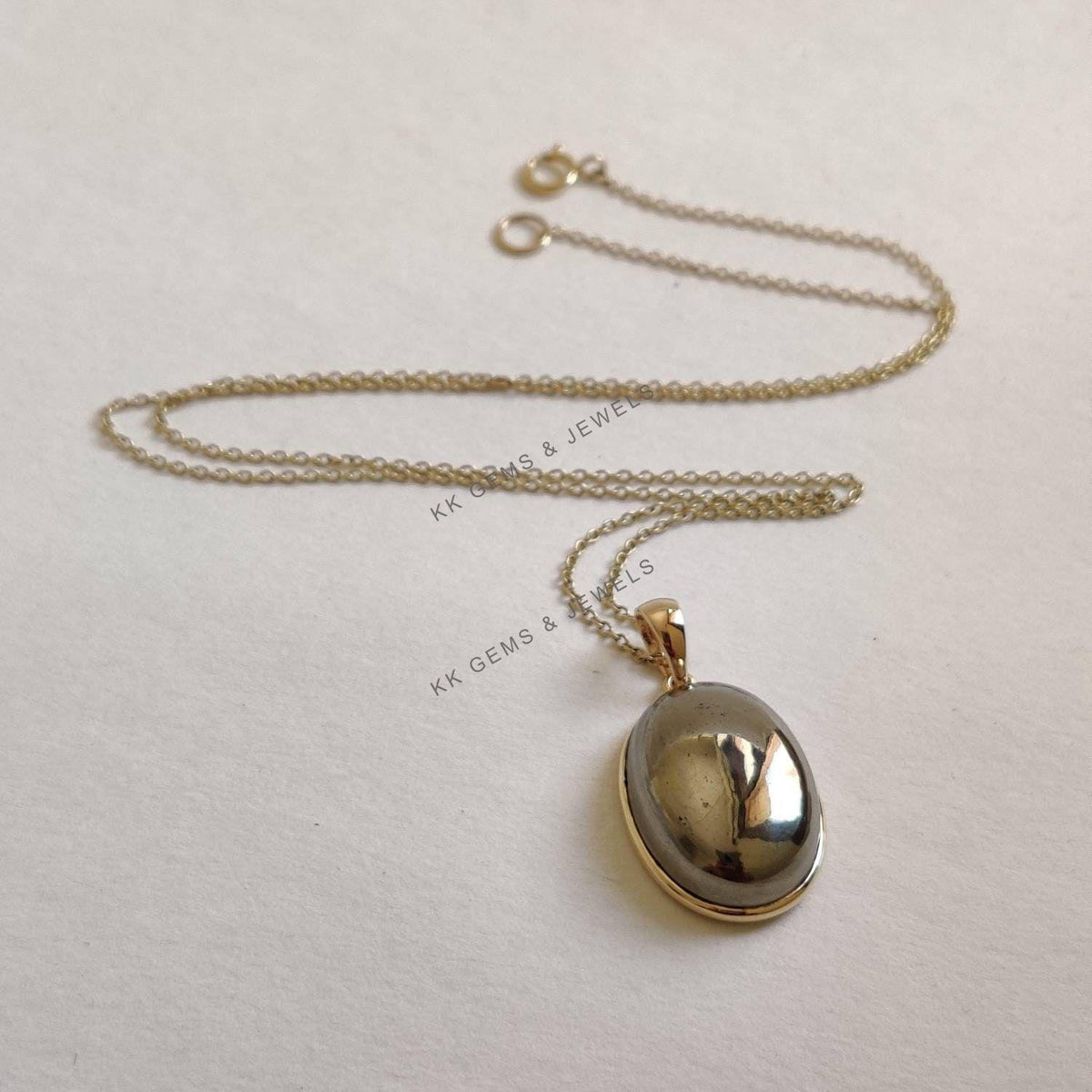 14K Solid Gold Oval Natural Pyrite Pendant, August Birthstone