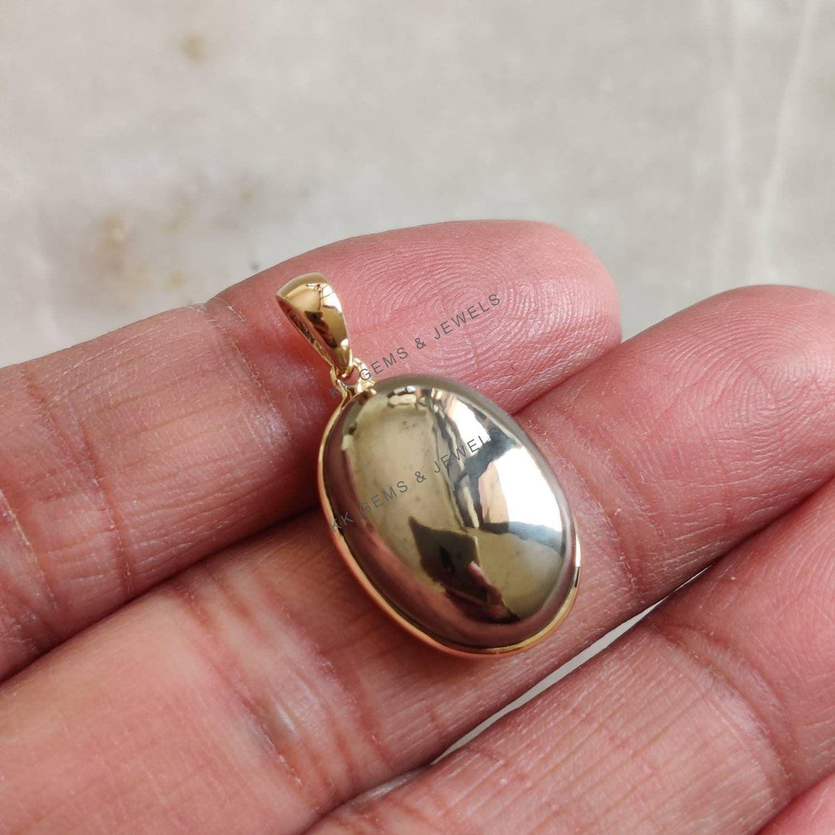 14K Solid Gold Oval Natural Pyrite Pendant, August Birthstone