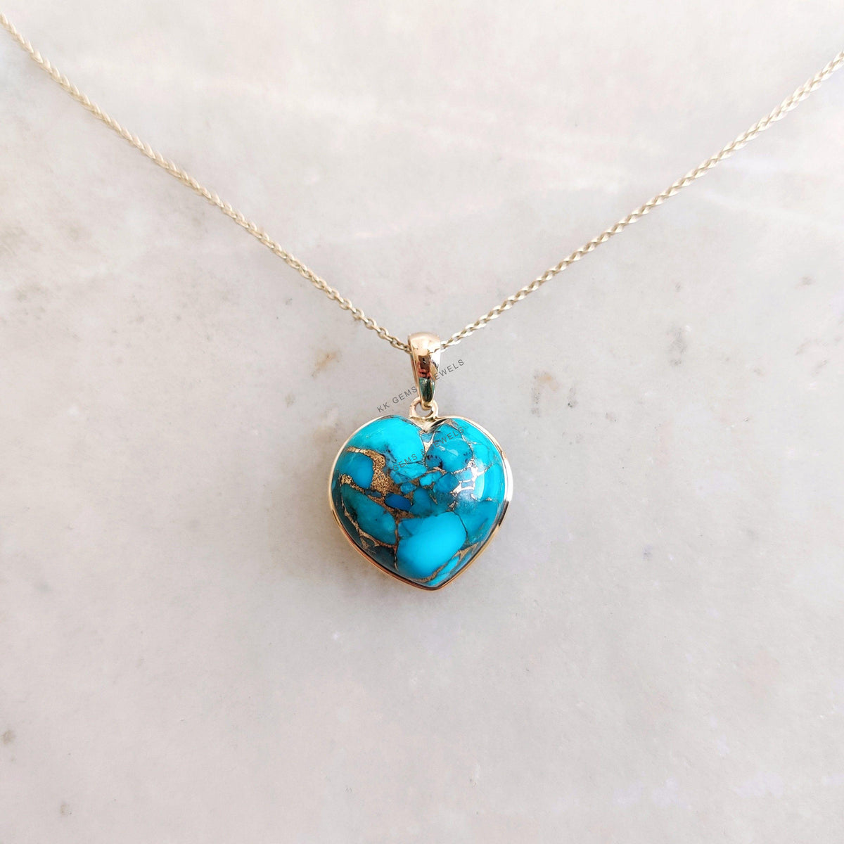 14K Solid Yellow Gold Natural Copper Turquoise Heart Pendant, December Birthstone