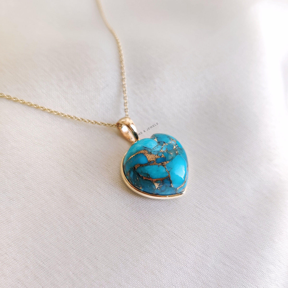14K Solid Yellow Gold Natural Copper Turquoise Heart Pendant, December Birthstone