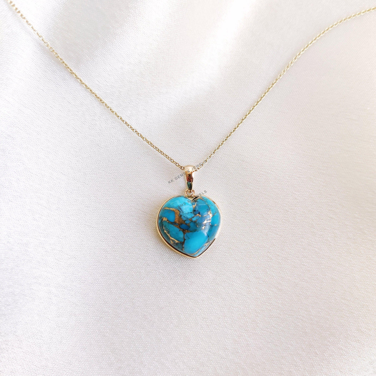 14K Solid Yellow Gold Natural Copper Turquoise Heart Pendant, December Birthstone