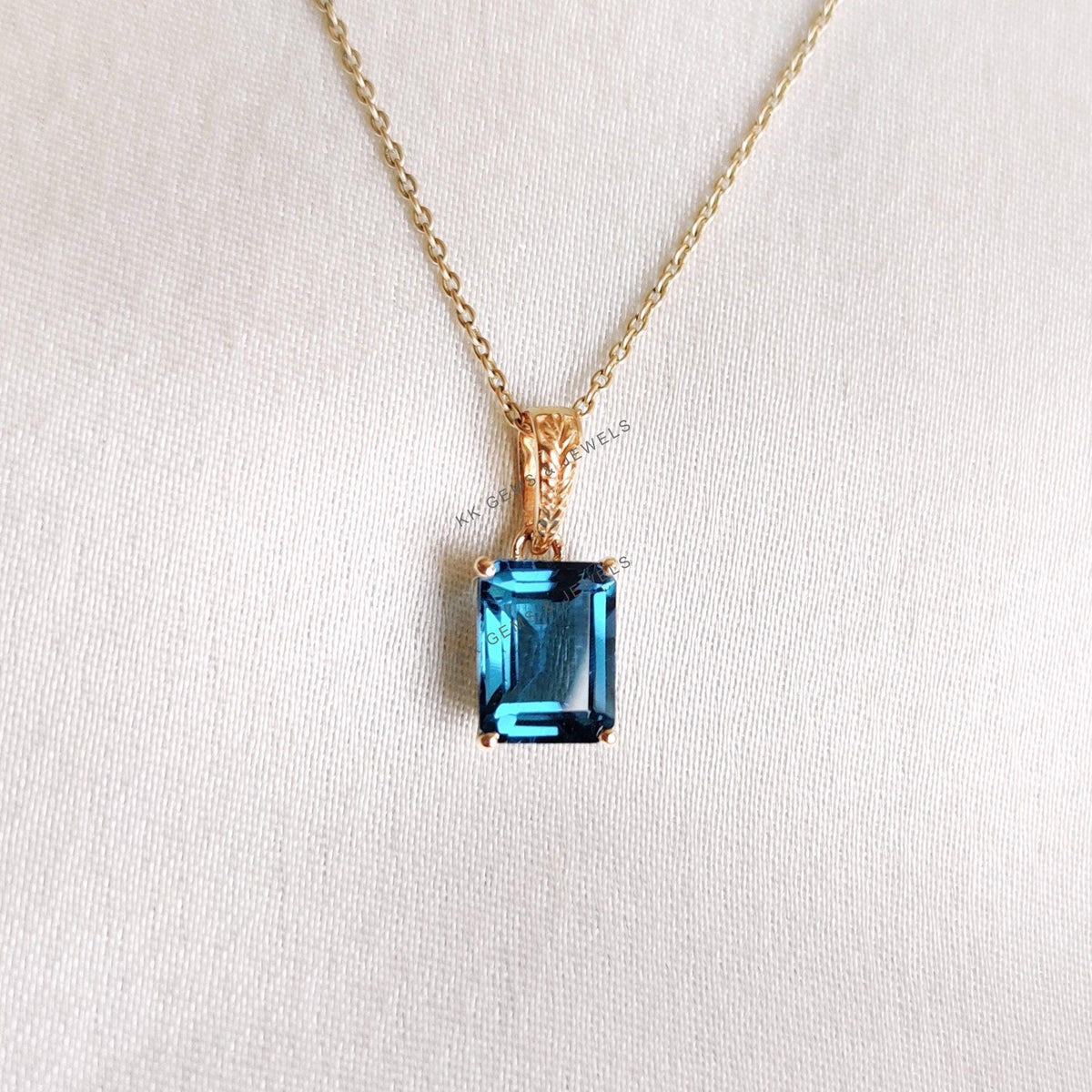 14K Solid Gold Natural London Blue Topaz Pendant - December Birthstone Jewelry