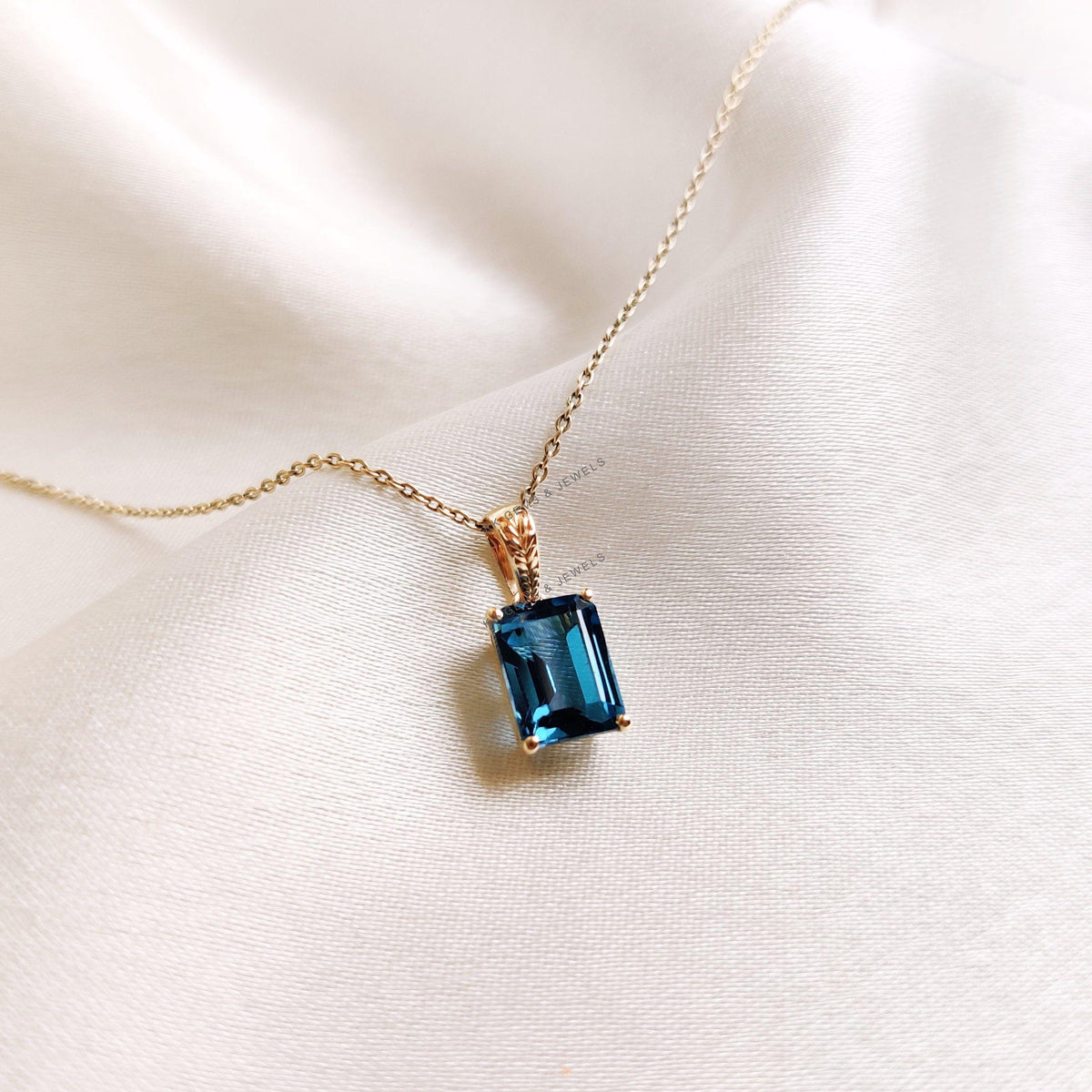 14K Solid Gold Natural London Blue Topaz Pendant - December Birthstone Jewelry