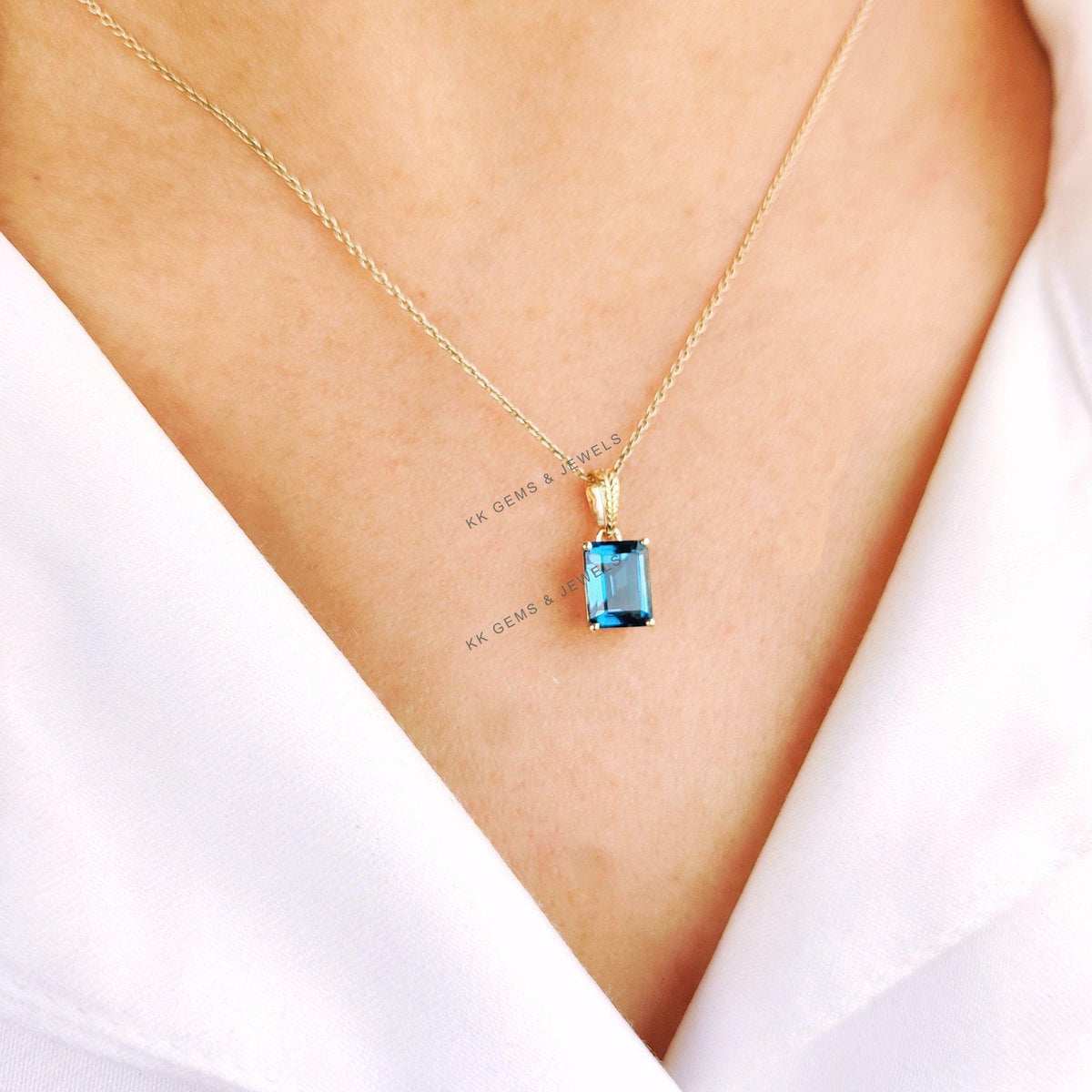 14K Solid Gold Natural London Blue Topaz Pendant - December Birthstone Jewelry