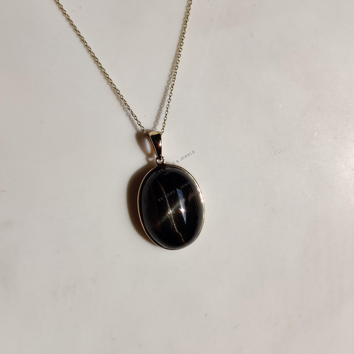 14K Solid Gold Natural Black Star Diopside Pendant, Oval Bezel, March Birthstone