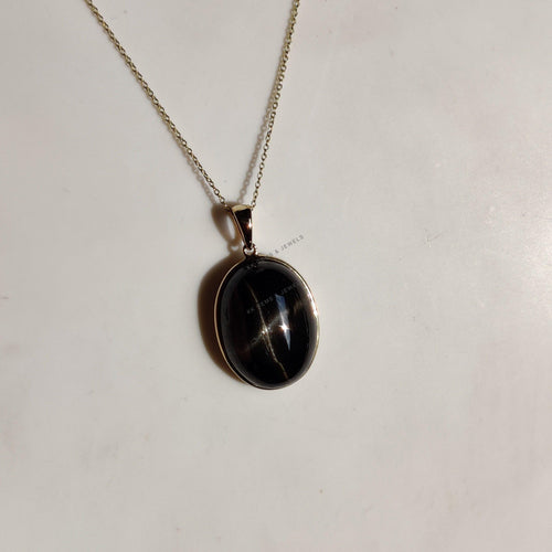 14K Solid Gold Natural Black Star Diopside Pendant, Oval Bezel, March Birthstone
