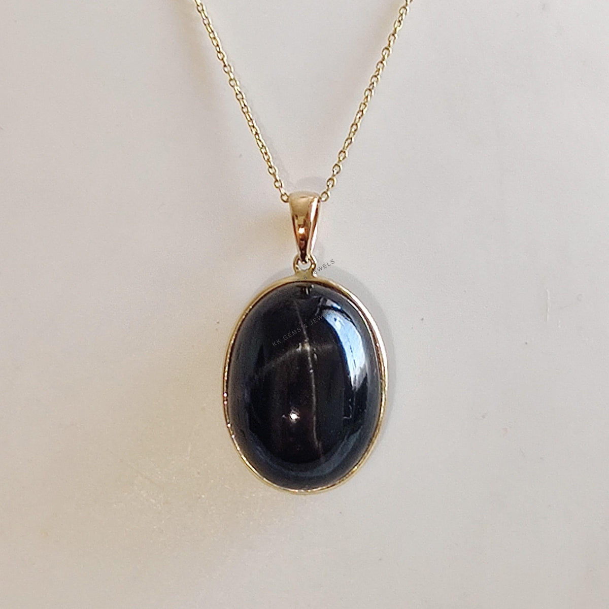 14K Solid Gold Natural Black Star Diopside Pendant, Oval Bezel, March Birthstone