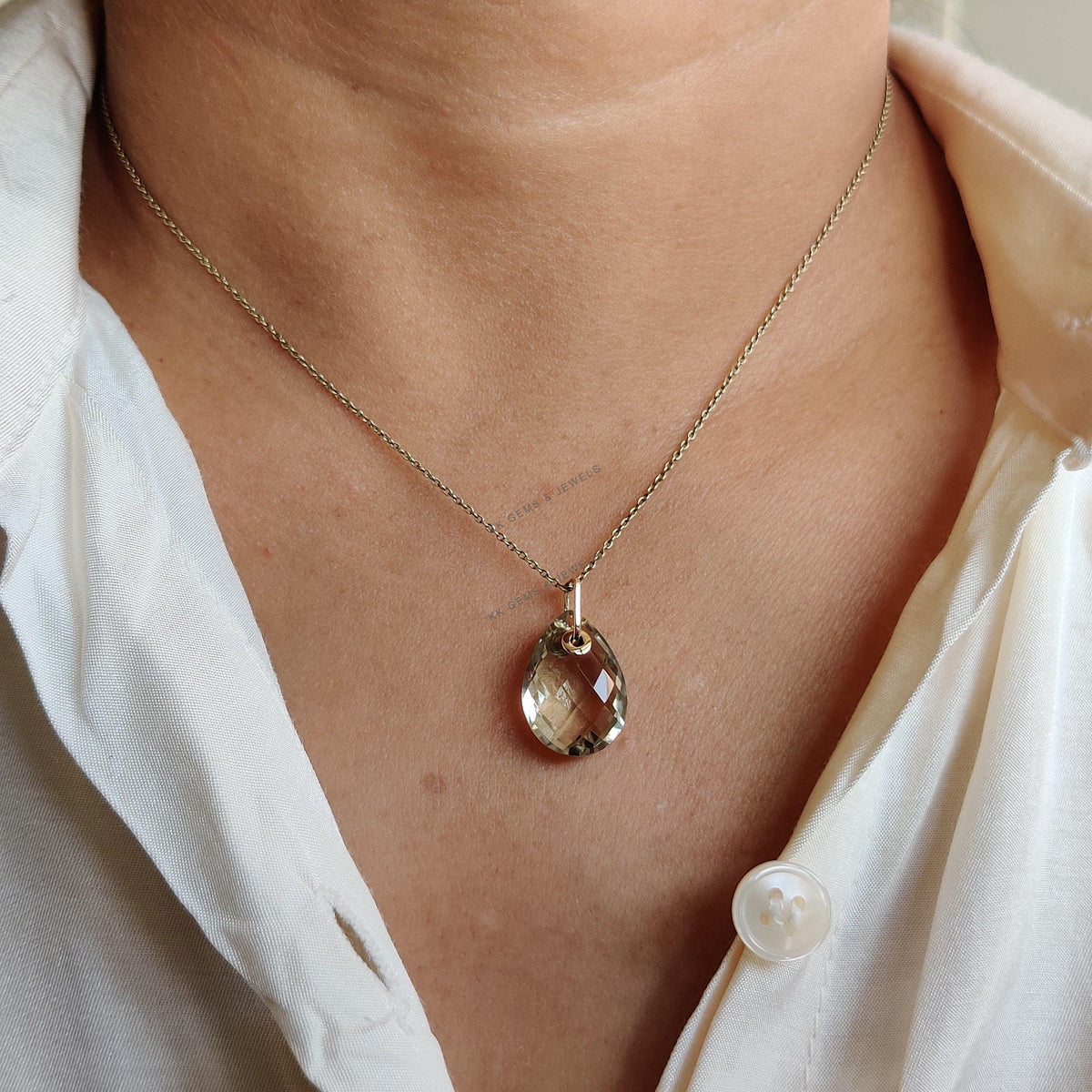 Natural Green Amethyst Pendant, 14K Solid Yellow Gold, Pear Briolette, February Birthstone