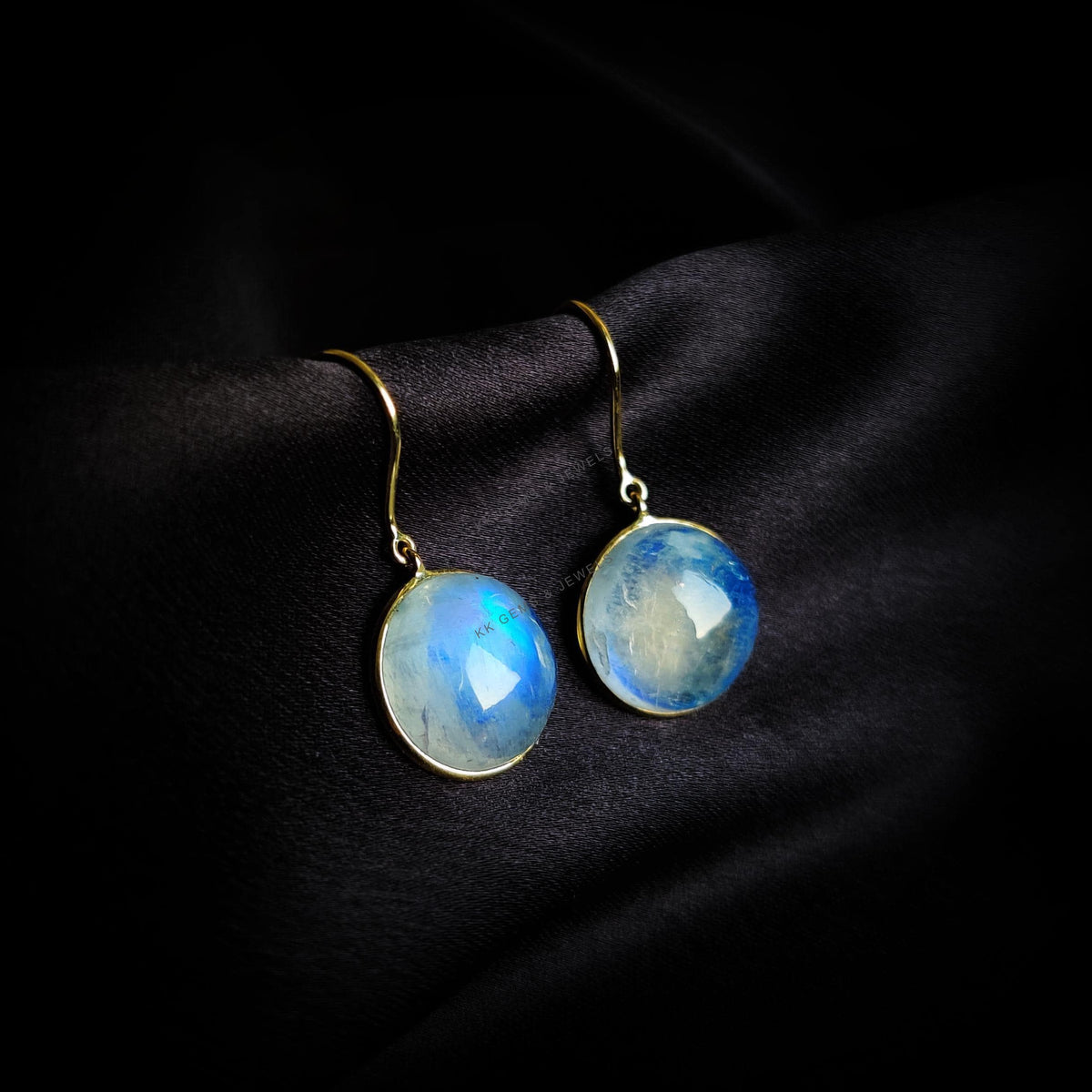 14K Solid Yellow Gold Natural Rainbow Moonstone Bezel Earrings, June Birthstone