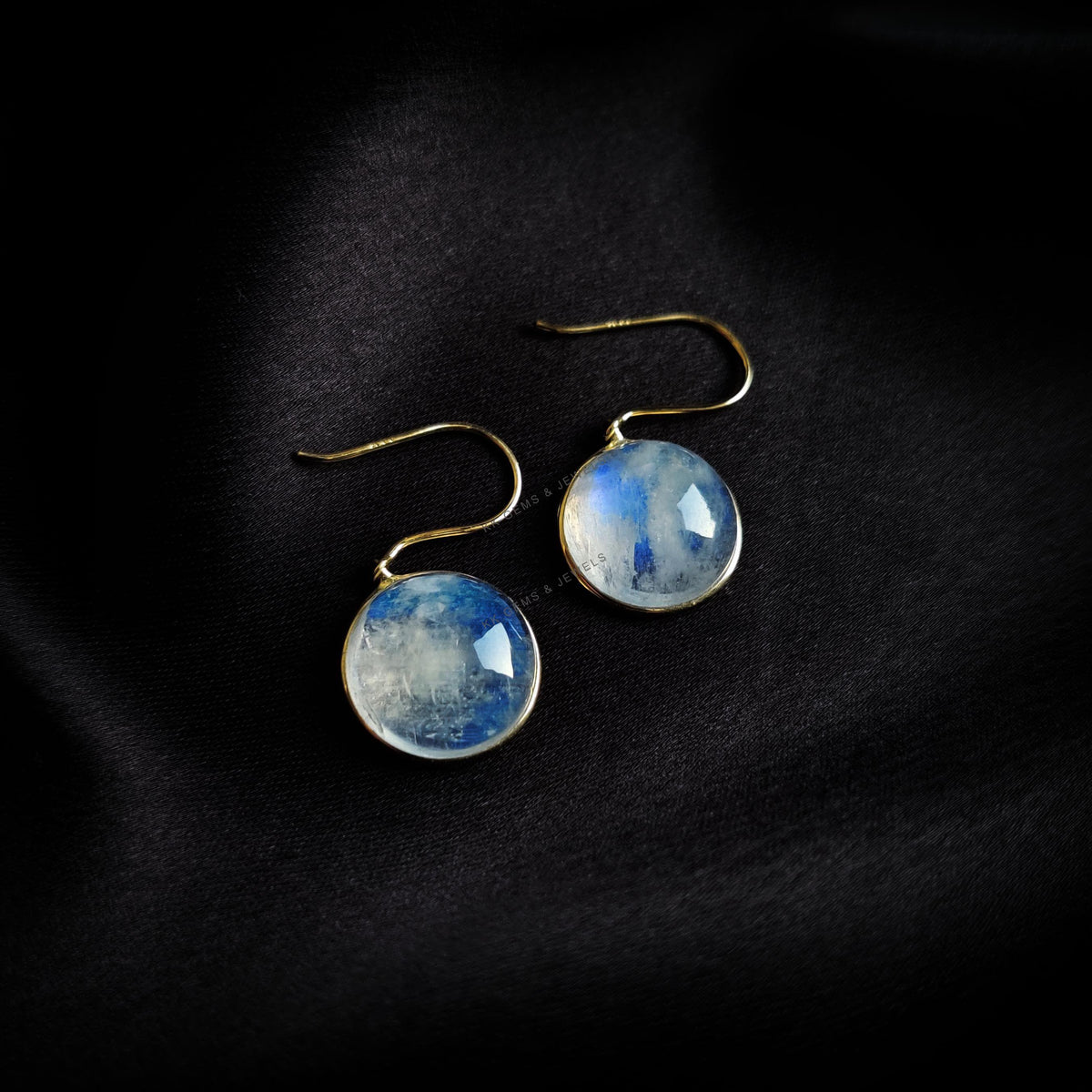 14K Solid Yellow Gold Natural Rainbow Moonstone Bezel Earrings, June Birthstone