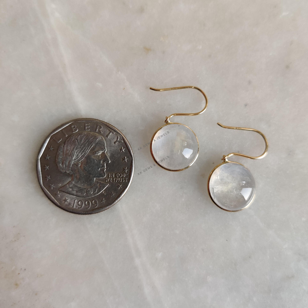14K Solid Yellow Gold Natural Rainbow Moonstone Bezel Earrings, June Birthstone