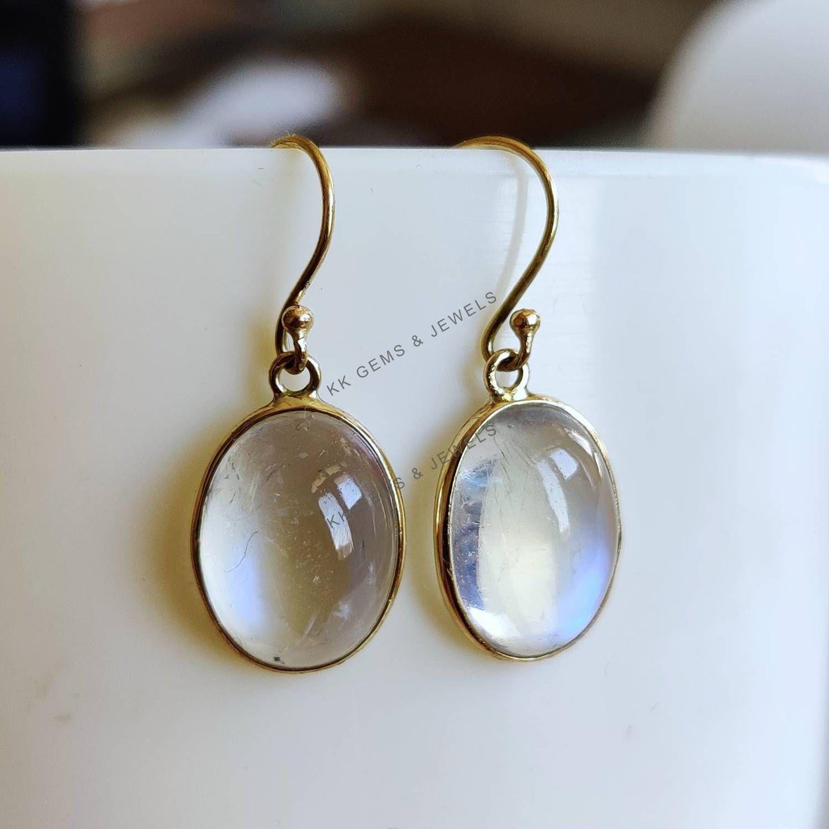 14K Solid Yellow Gold Natural Rainbow Moonstone Drop Earrings, June Birthstone