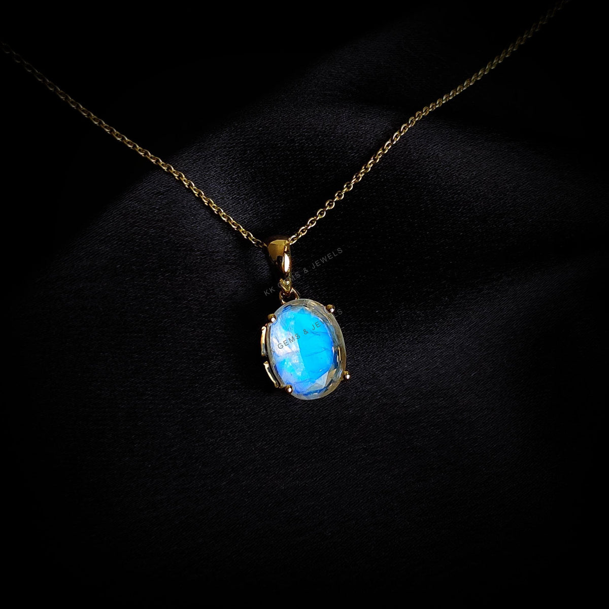 Natural Rainbow Moonstone Pendant, 14K Solid Yellow Gold, June Birthstone