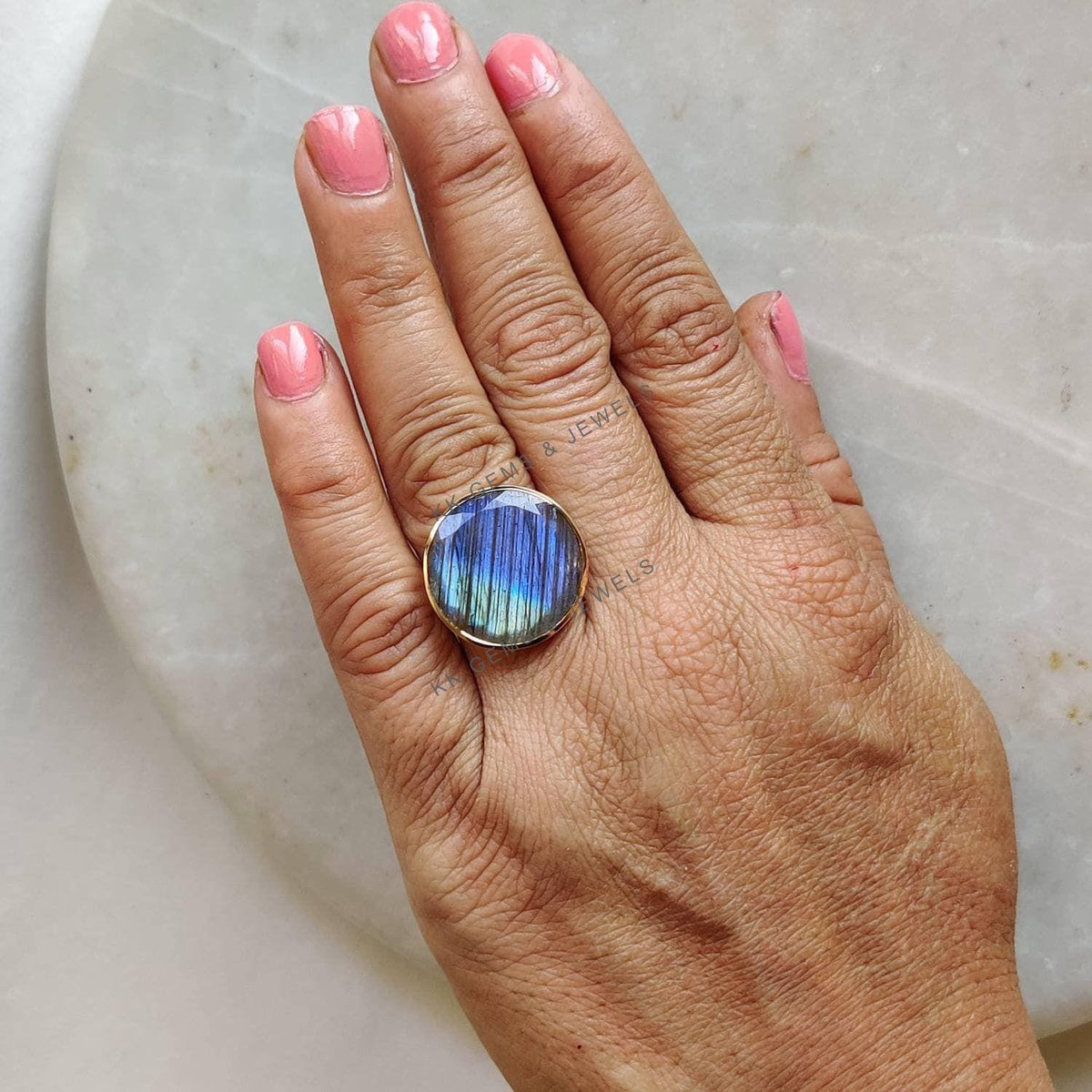 Natural Labradorite Ring, 14K Solid Yellow Gold, Round Gemstone