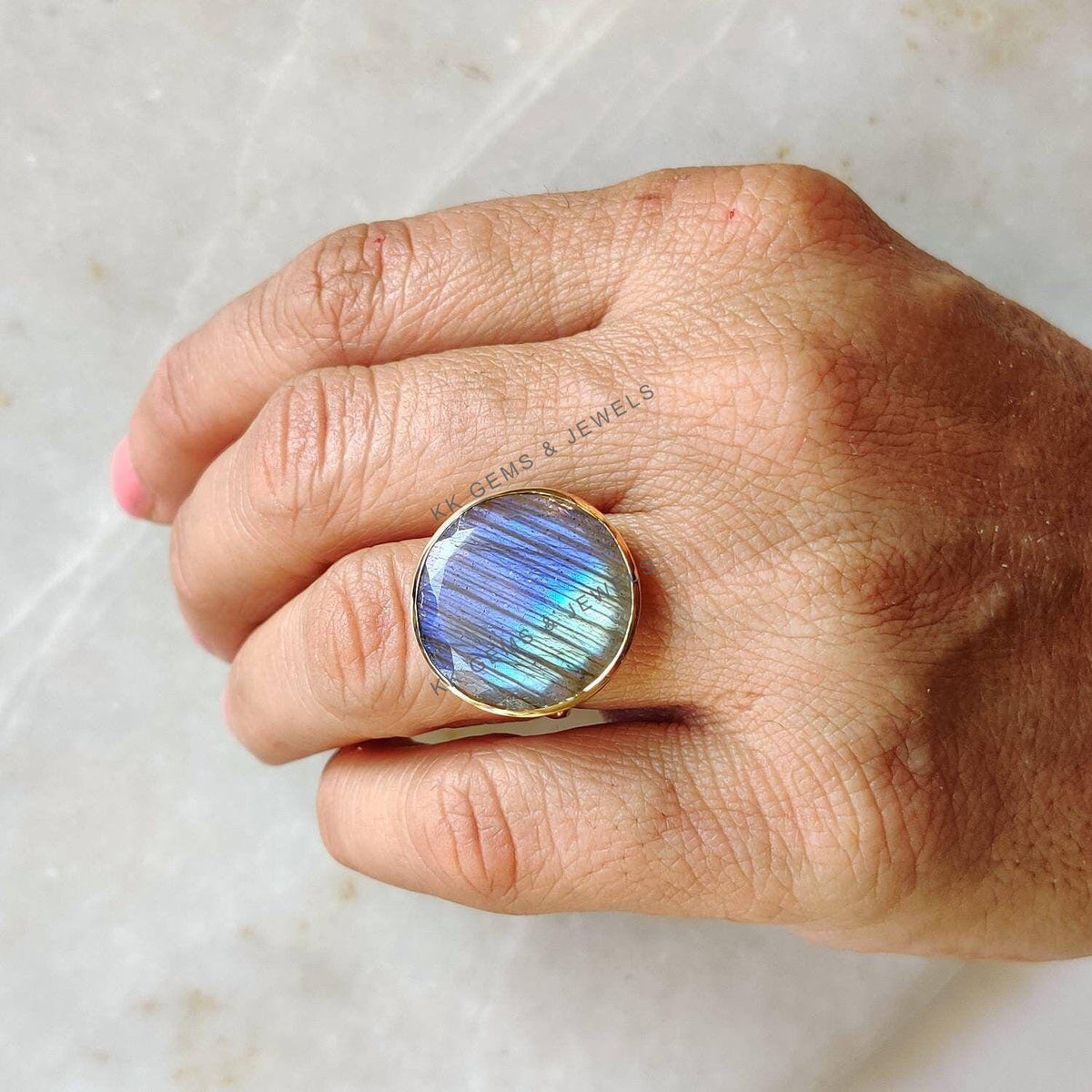 Natural Labradorite Ring, 14K Solid Yellow Gold, Round Gemstone