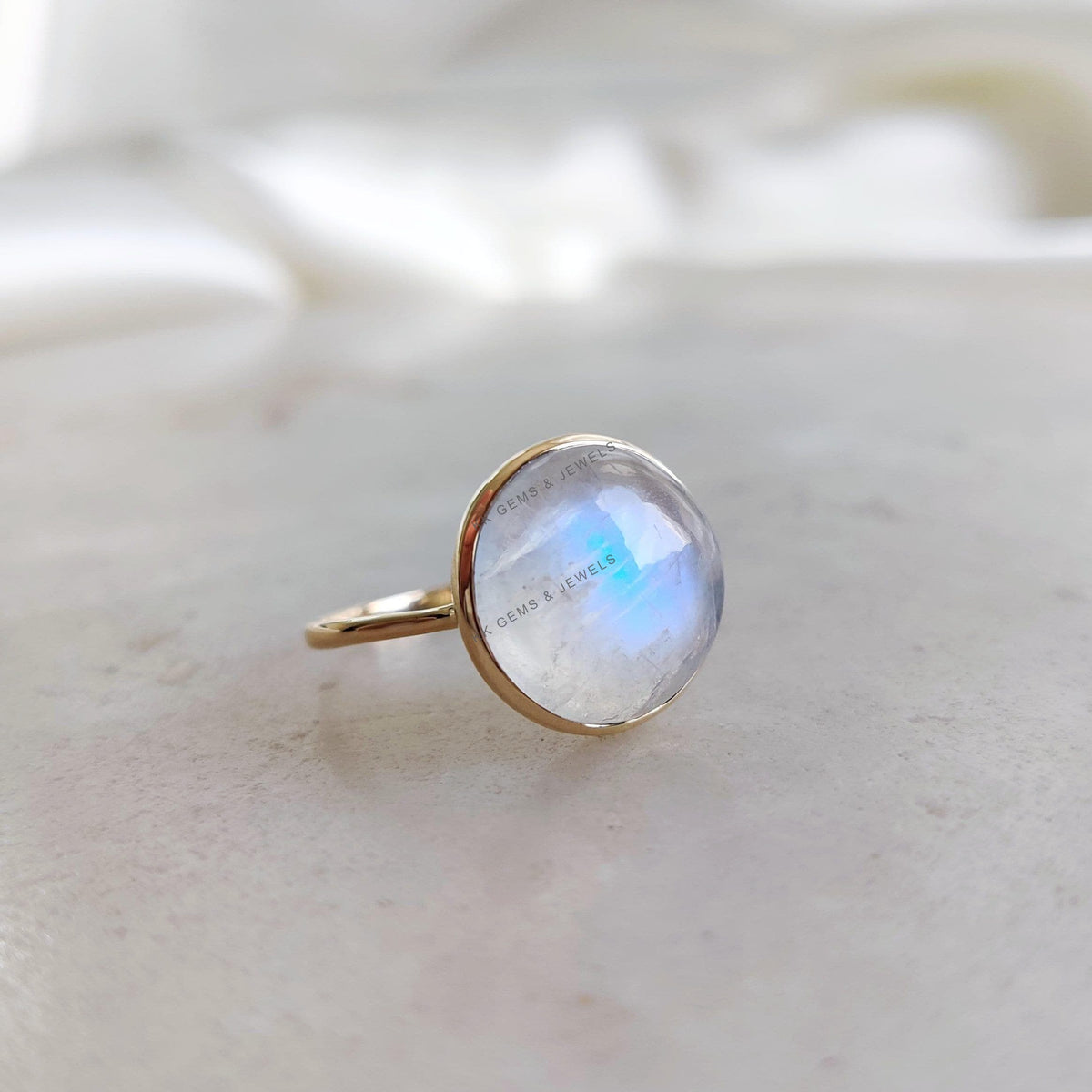 14K Solid Yellow Gold Natural Rainbow Moonstone Ring, Round Bezel Ring