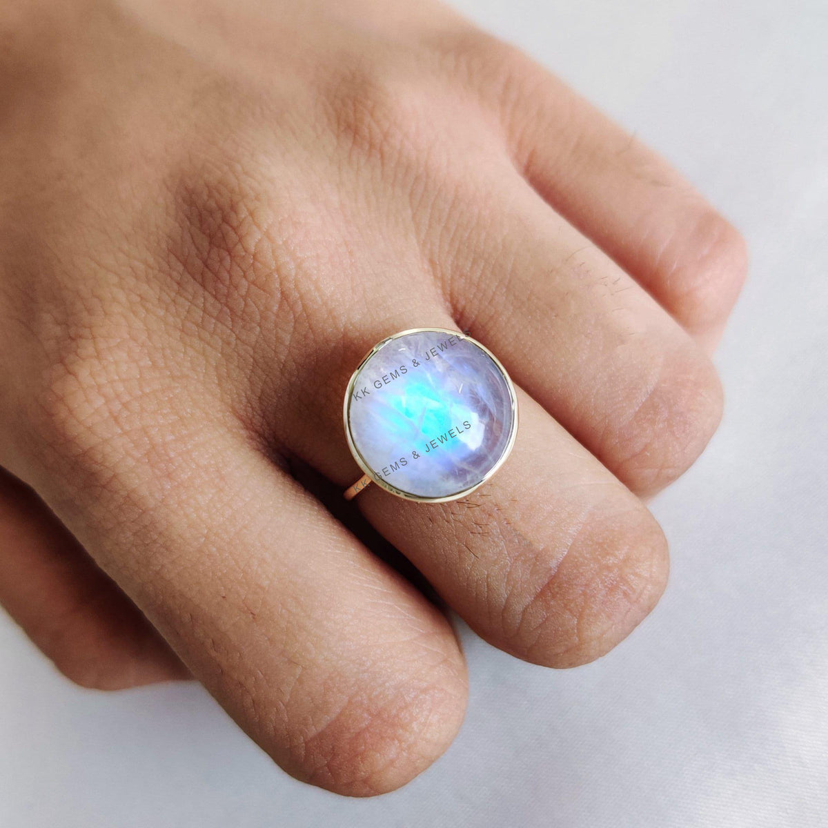 14K Solid Yellow Gold Natural Rainbow Moonstone Ring, Round Bezel Ring