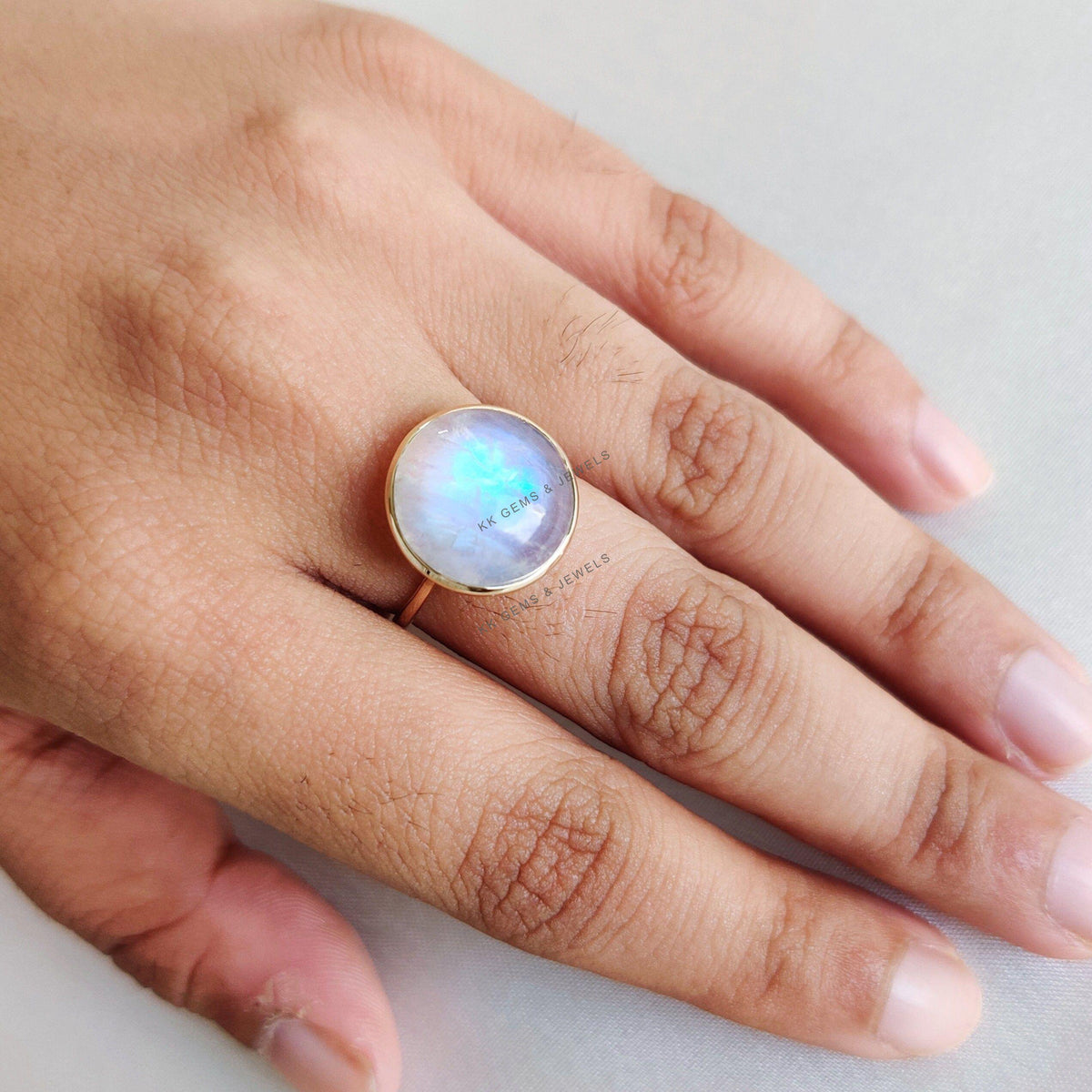 14K Solid Yellow Gold Natural Rainbow Moonstone Ring, Round Bezel Ring