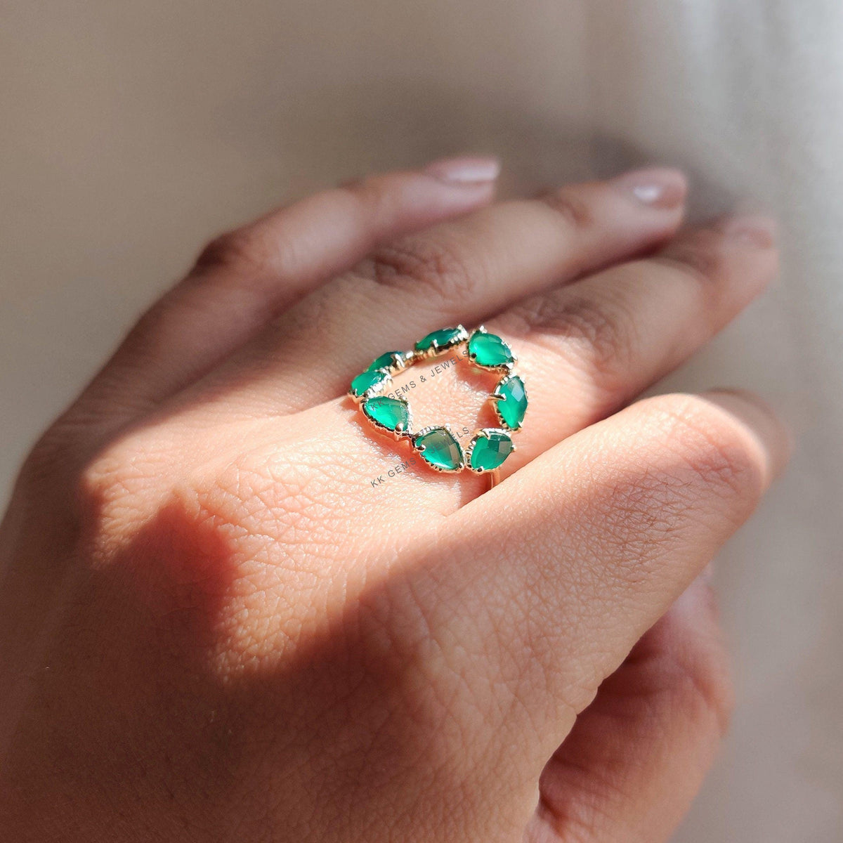 14K Solid Rose Gold Natural Green Onyx Ring, Fancy Flower Ring , May Birthstone
