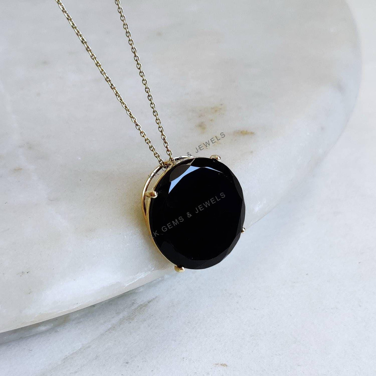 14K Solid Yellow Gold Natural Black Onyx Pendant - December Birthstone