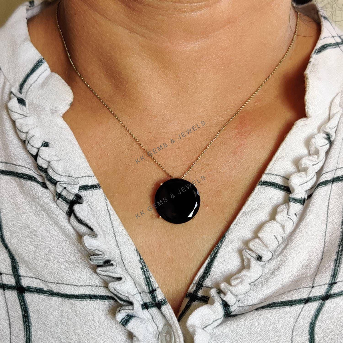 14K Solid Yellow Gold Natural Black Onyx Pendant - December Birthstone