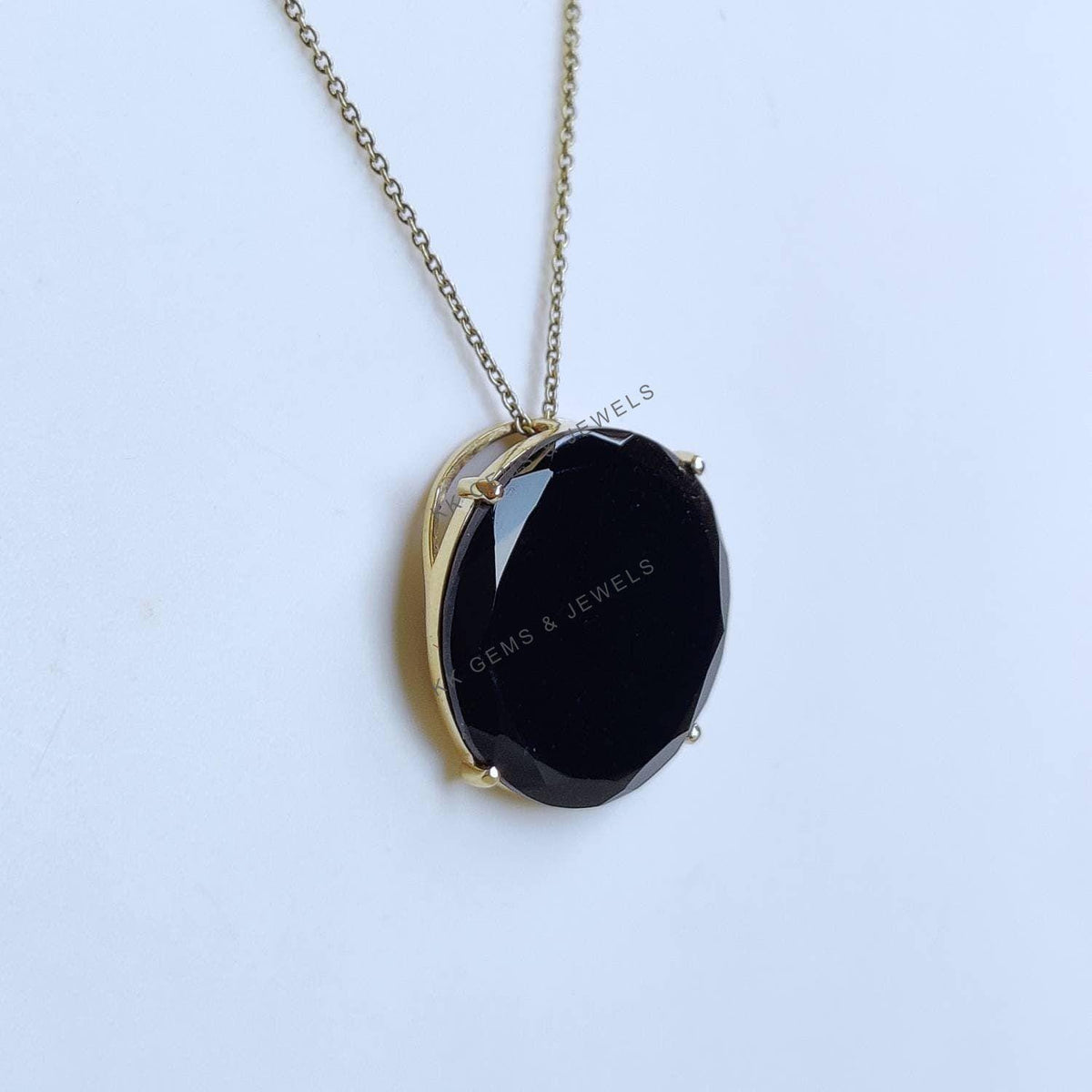 14K Solid Yellow Gold Natural Black Onyx Pendant - December Birthstone