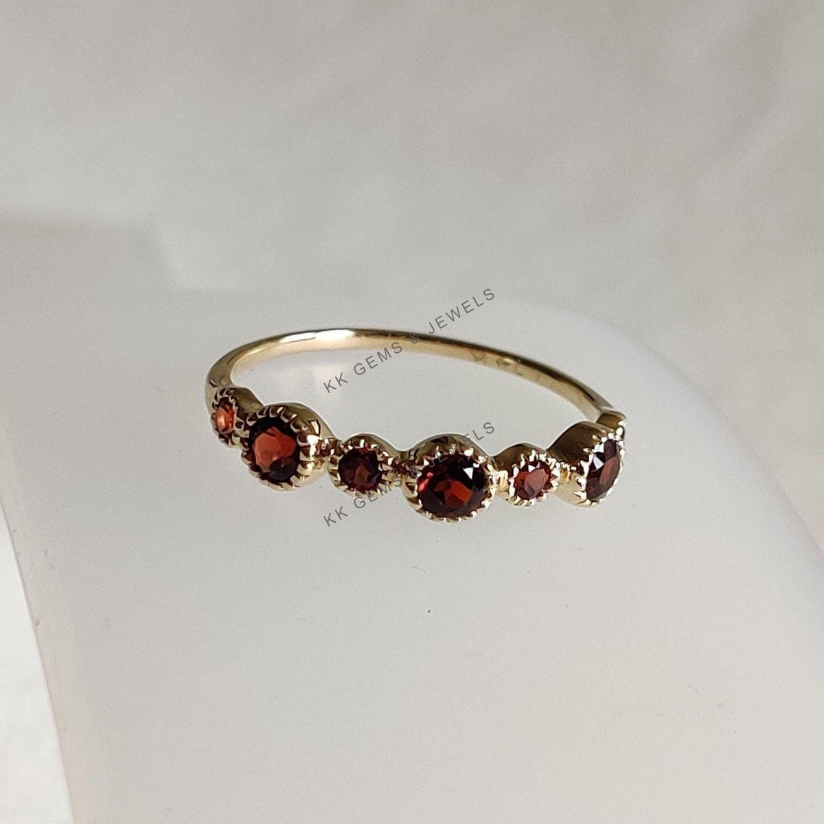 14K Solid Yellow Gold Natural Garnet Ring, January Birthstone Stackable Band