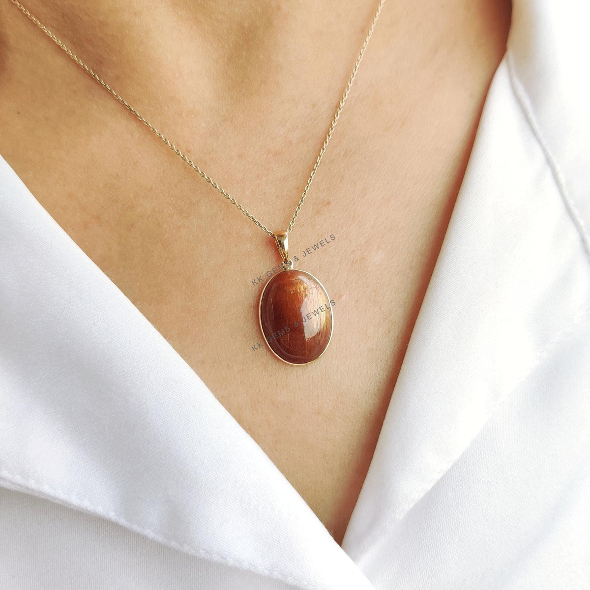 14K Solid Yellow Gold Natural Sunstone Pendant, Oval Feldspar Crystal Bezel Pendant