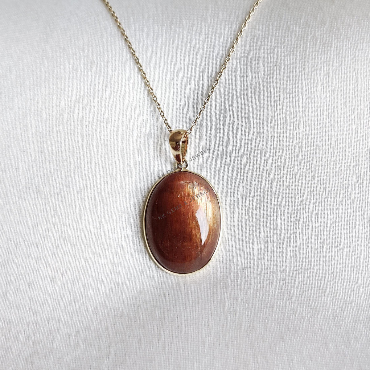 14K Solid Yellow Gold Natural Sunstone Pendant, Oval Feldspar Crystal Bezel Pendant