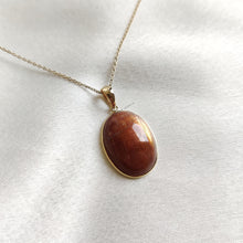 14K Solid Yellow Gold Natural Sunstone Pendant, Oval Feldspar Crystal Bezel Pendant