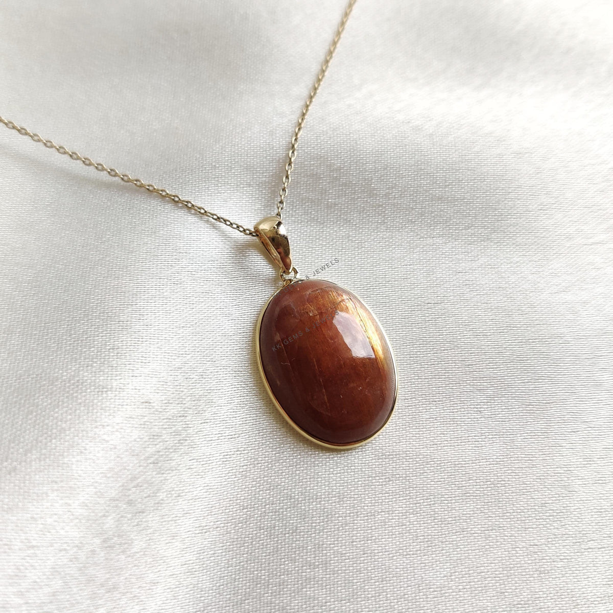 14K Solid Yellow Gold Natural Sunstone Pendant, Oval Feldspar Crystal Bezel Pendant