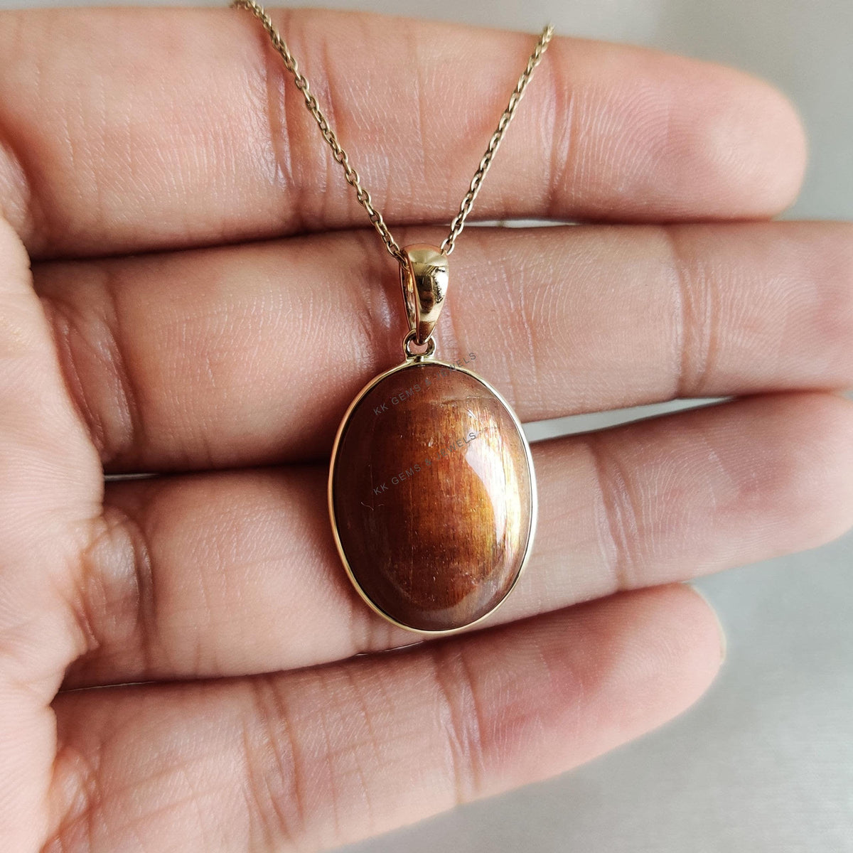 14K Solid Yellow Gold Natural Sunstone Pendant, Oval Feldspar Crystal Bezel Pendant