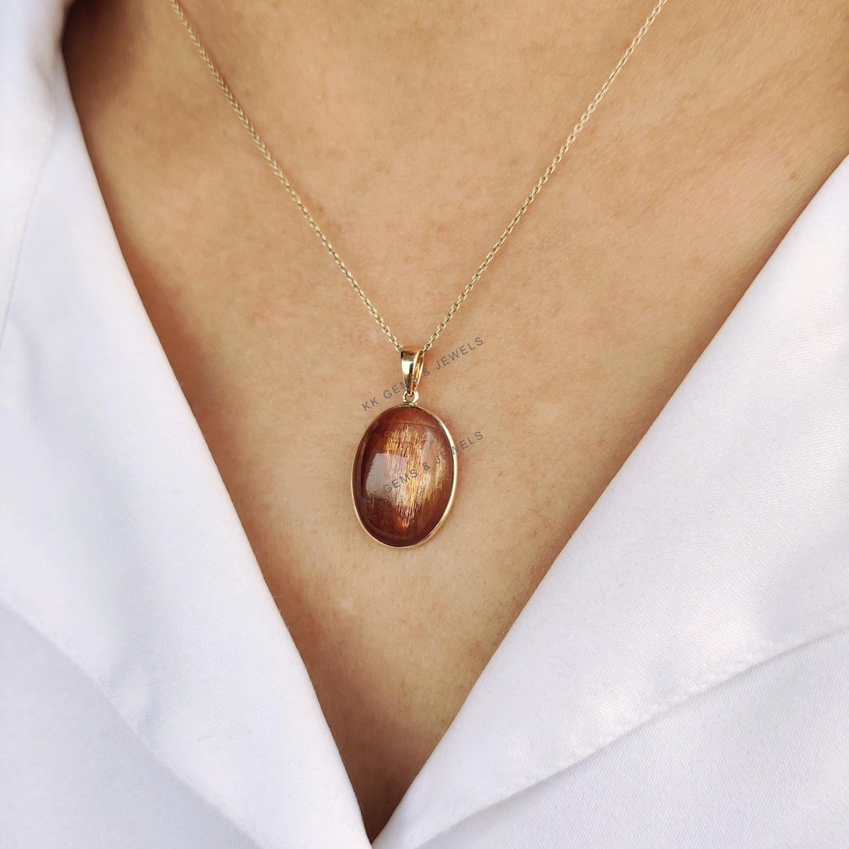 14K Solid Yellow Gold Natural Sunstone Pendant, Oval Feldspar Crystal Bezel Pendant