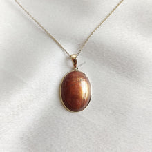 14K Solid Yellow Gold Natural Sunstone Pendant, Oval Feldspar Crystal Bezel Pendant