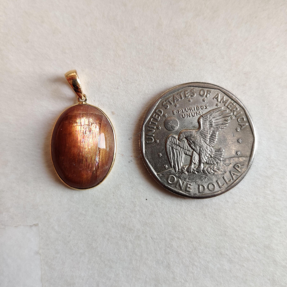 14K Solid Yellow Gold Natural Sunstone Pendant, Oval Feldspar Crystal Bezel Pendant