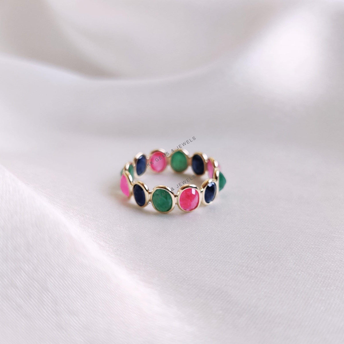 Natural Ruby, Emerald & Sapphire 14K Solid Gold Eternity Ring, Christmas Gift