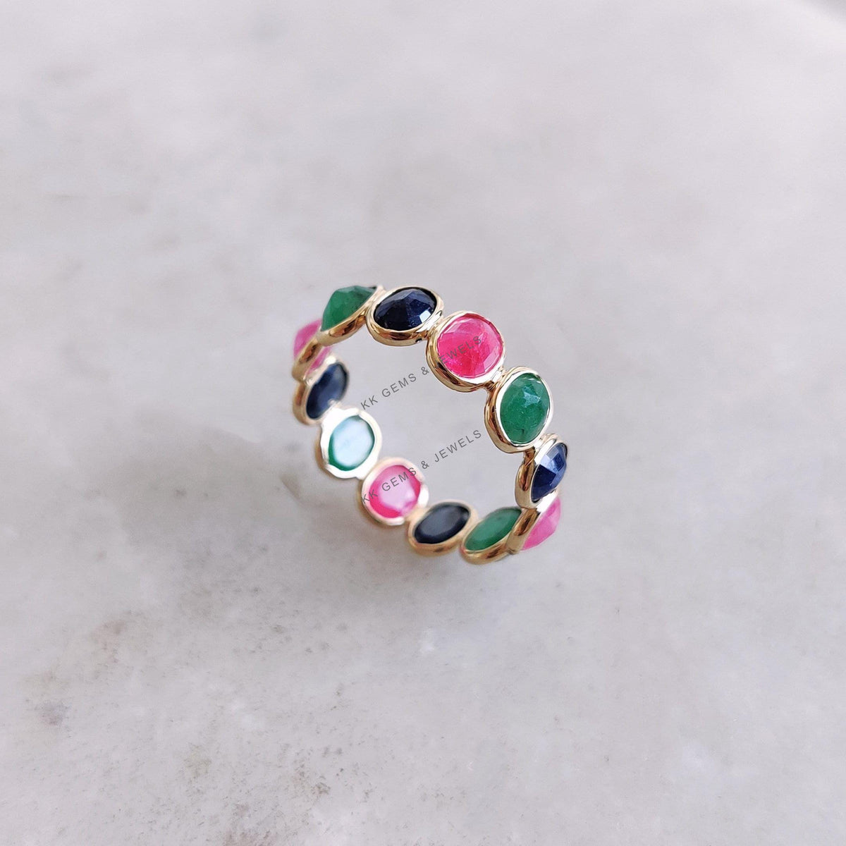 Natural Ruby, Emerald & Sapphire 14K Solid Gold Eternity Ring, Christmas Gift