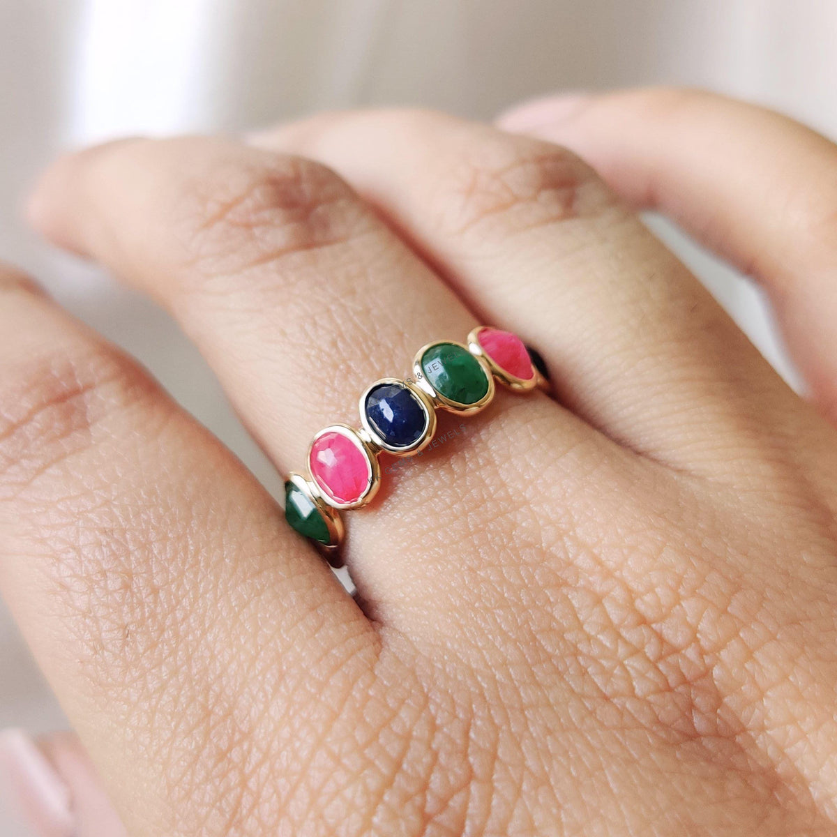 Natural Ruby, Emerald & Sapphire 14K Solid Gold Eternity Ring, Christmas Gift