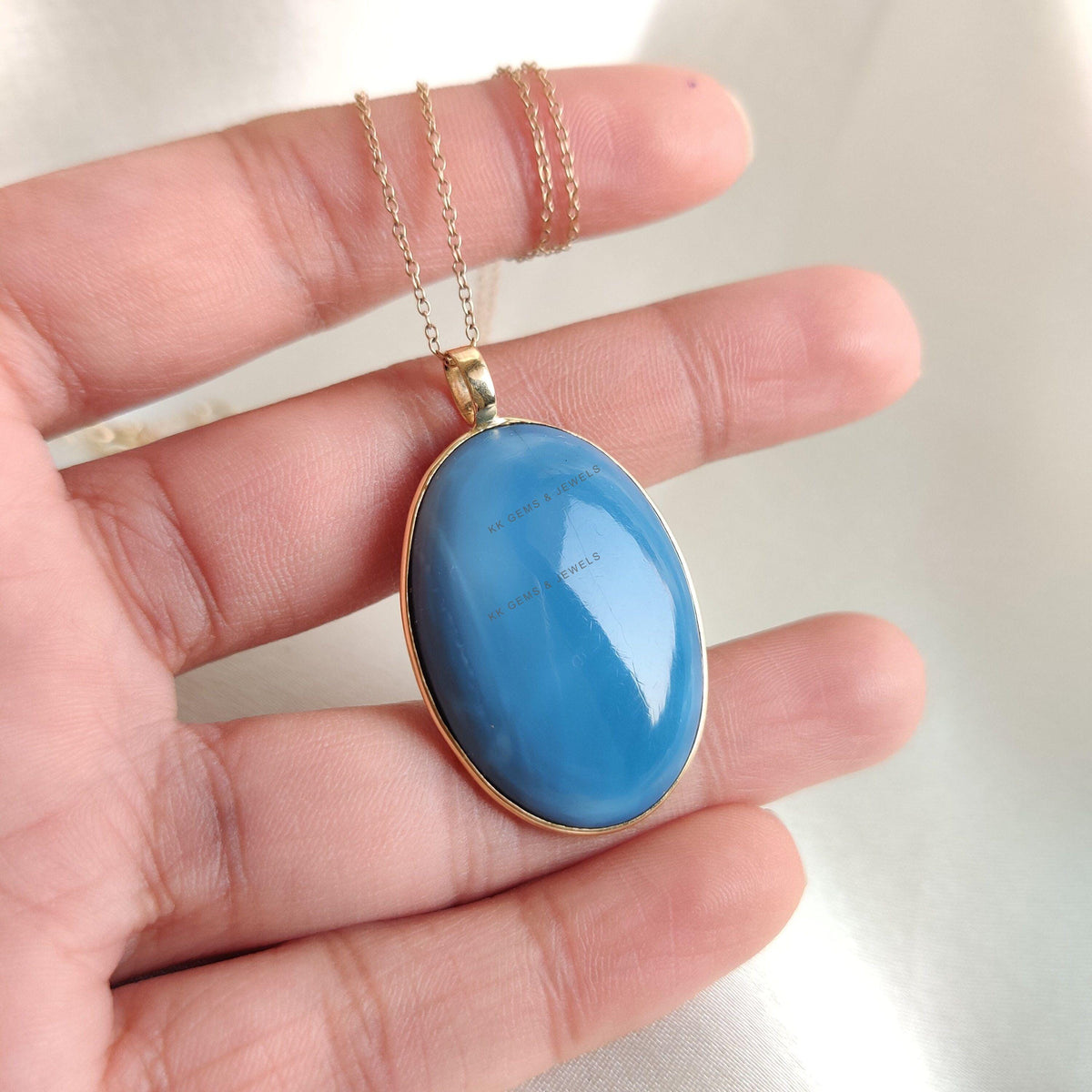 Natural Blue Opal Pendant, 14K Solid Yellow Gold Bezel Pendant, October Birthstone, Christmas Present, Natural Blue Opal Jewelry