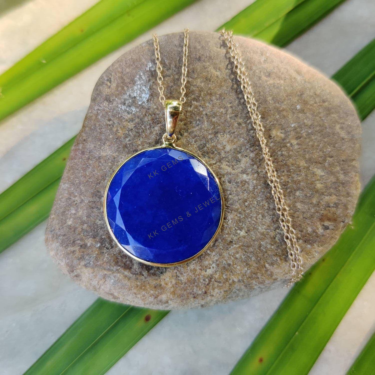 14K Solid Gold Natural Lapis Lazuli Pendant, Round Bezel Pendant, September Birthstone