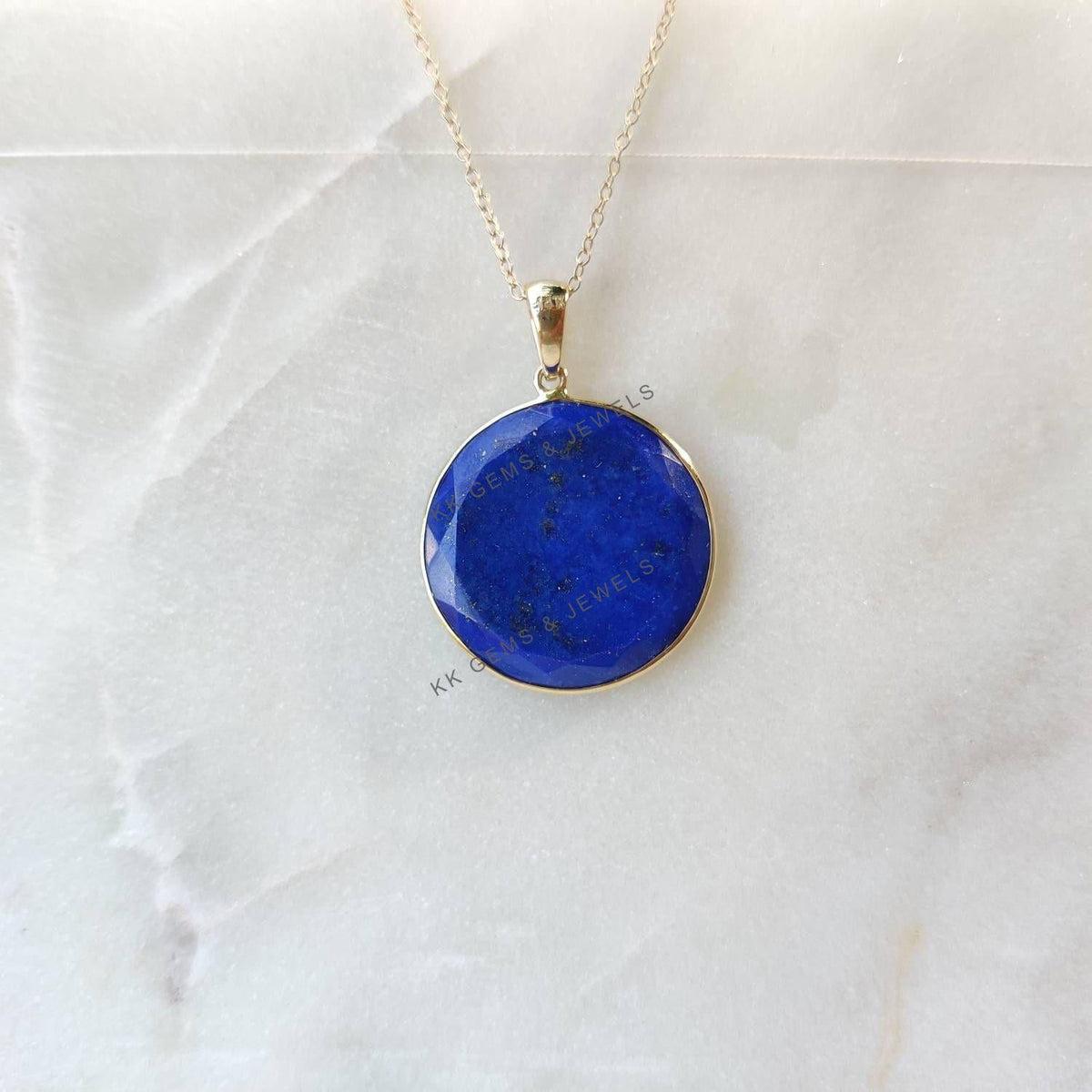 14K Solid Gold Natural Lapis Lazuli Pendant, Round Bezel Pendant, September Birthstone