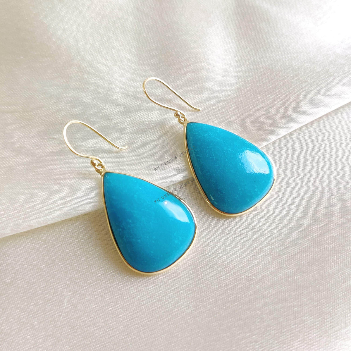 14K Solid Yellow Gold Natural Turquoise Earrings, December Birthstone Jewelry