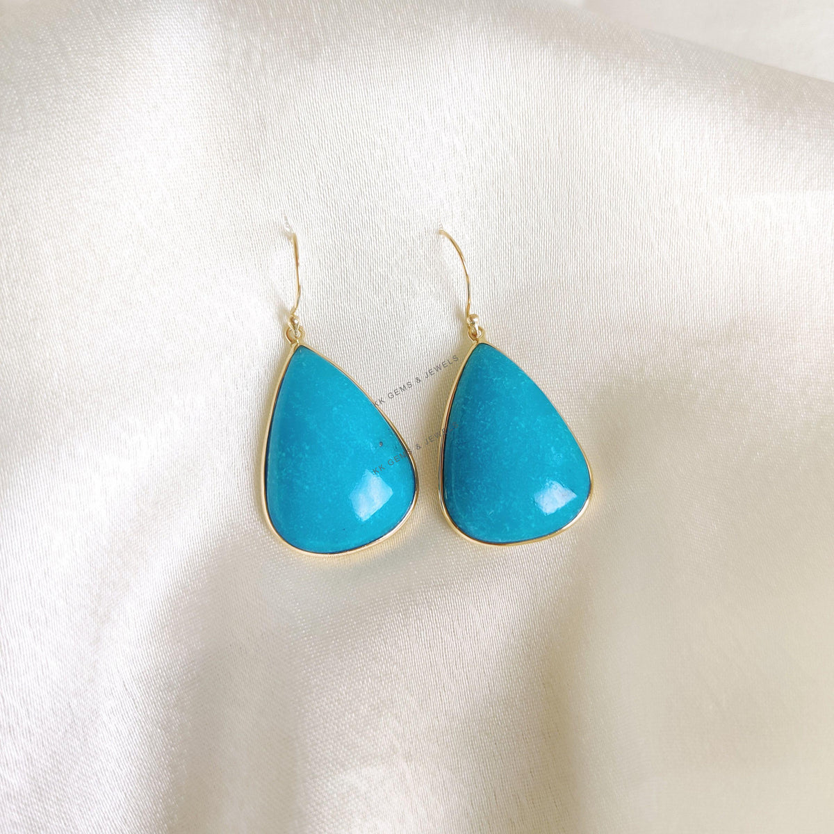14K Solid Yellow Gold Natural Turquoise Earrings, December Birthstone Jewelry