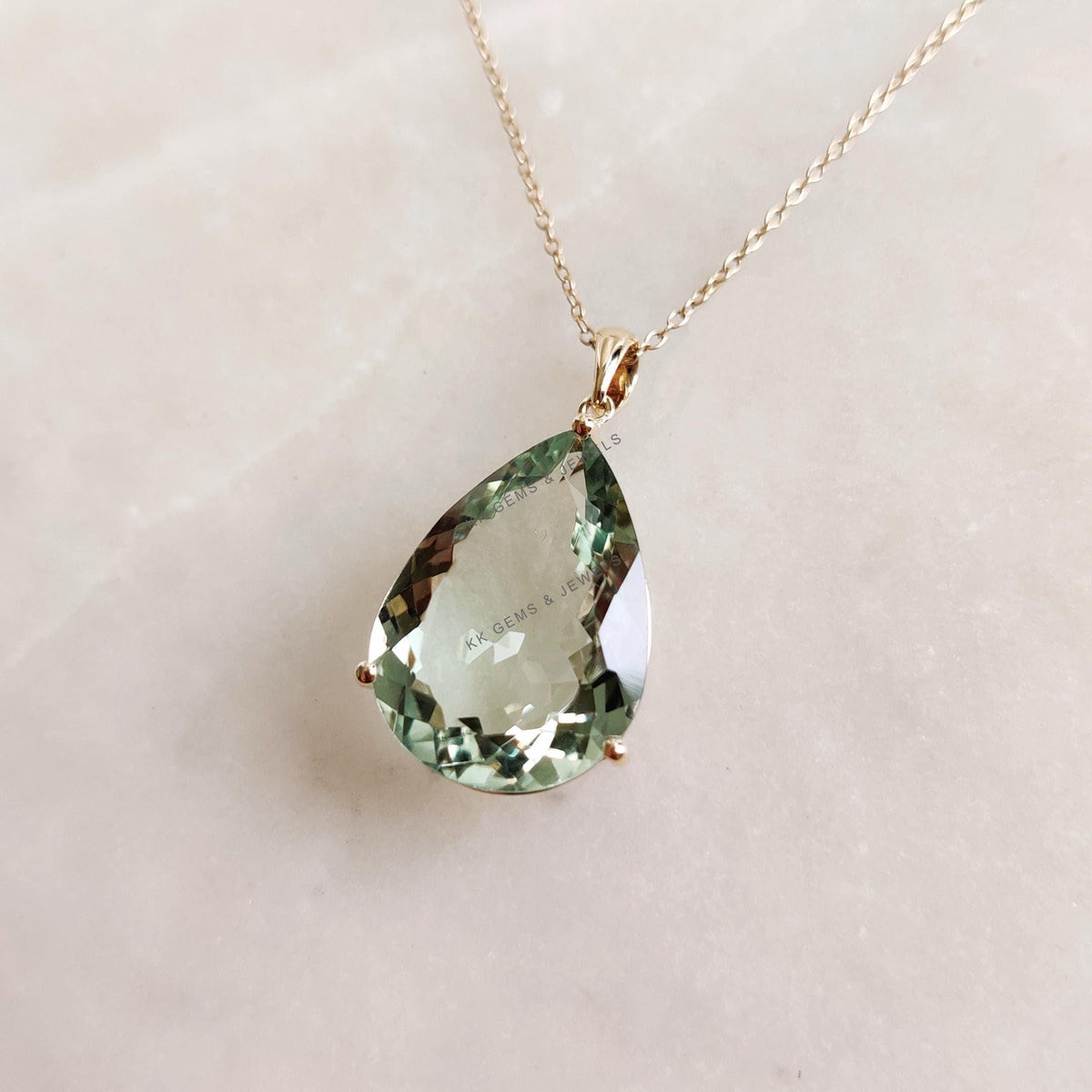 Natural Green Amethyst Pendant, 14K Solid Yellow Gold, Pear Cut, February Birthstone
